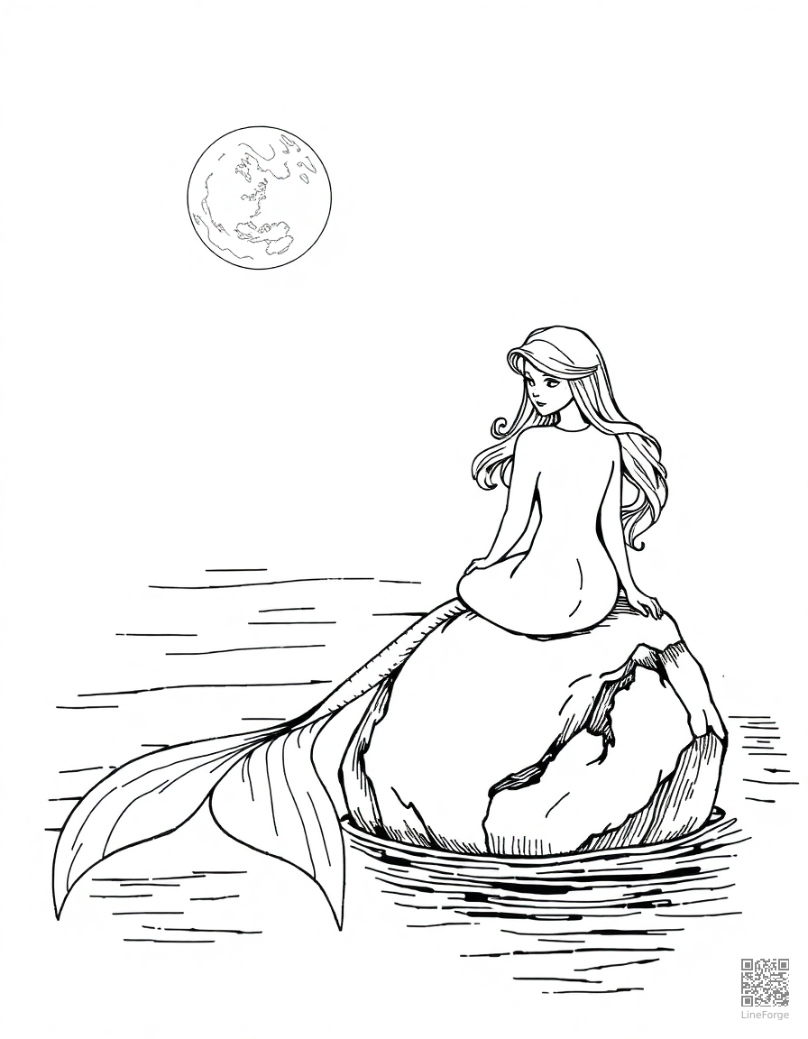 A mermaid sitting on a rock in a moonlit cove coloring page Crosshatch style - free printable