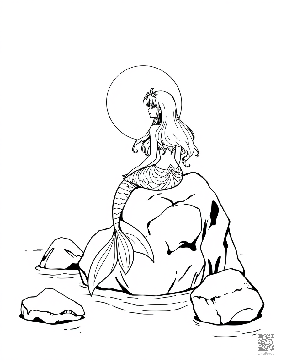 A mermaid sitting on a rock in a moonlit cove coloring page Manga style - free printable