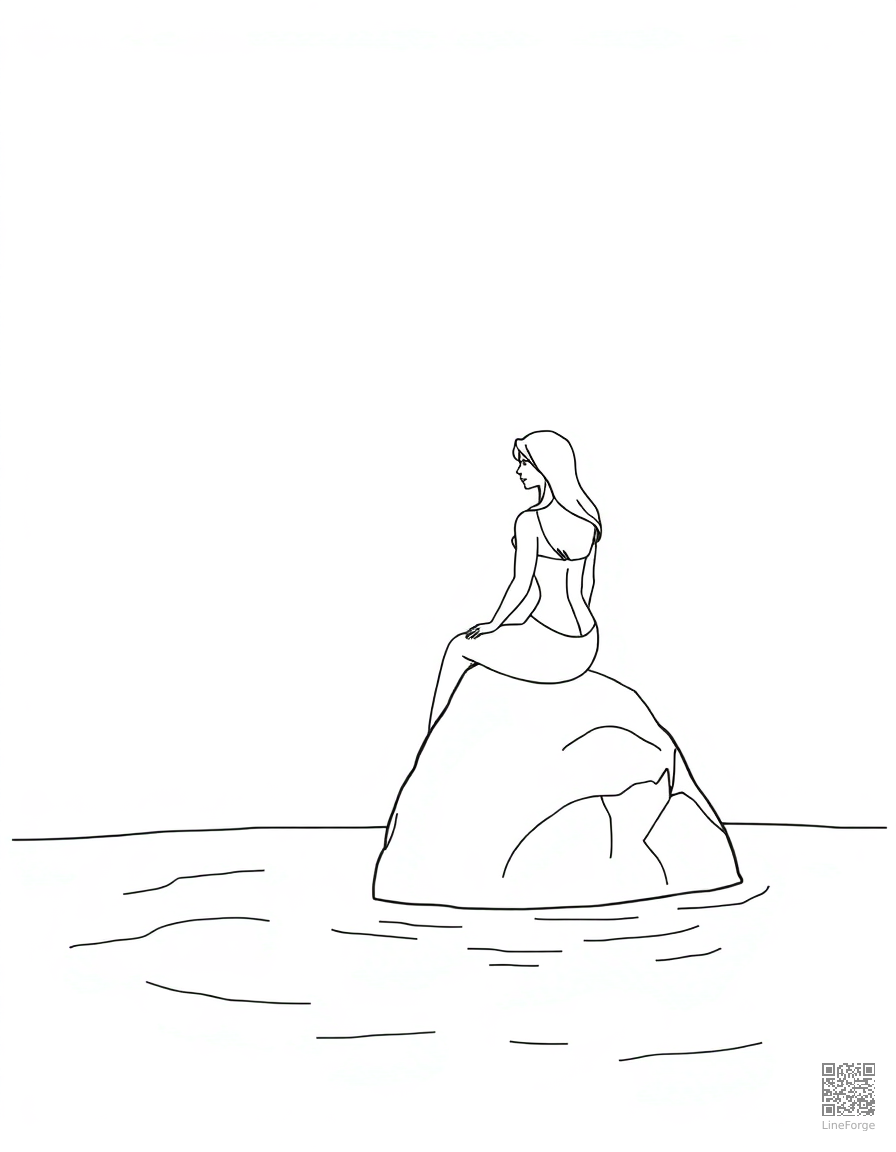 Free a mermaid sitting on a rock in a moonlit cove coloring page in minimal style — printable line art