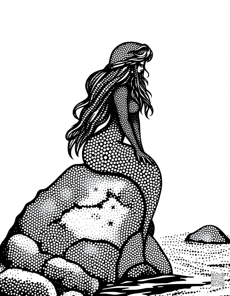 A mermaid sitting on a rock in a moonlit cove coloring page Stipple style - free printable