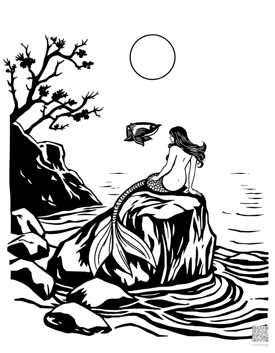 A mermaid sitting on a rock in a moonlit cove coloring page Woodcut style - free printable