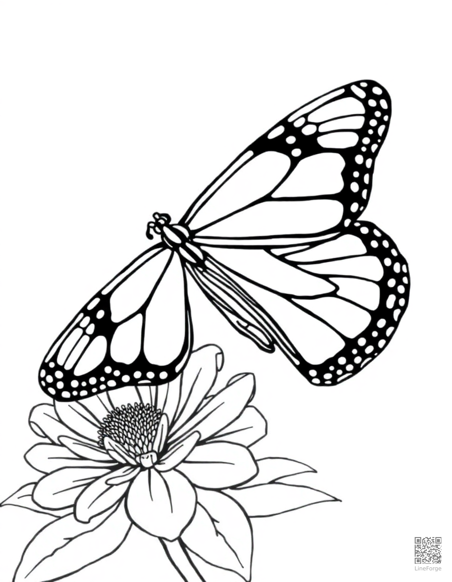 Free a monarch butterfly with detailed wing patterns on a flower coloring page in contour style — printable line art