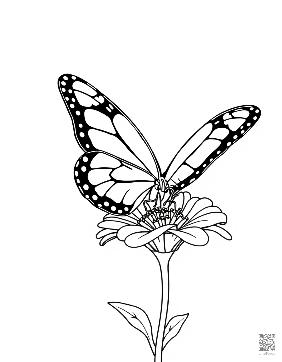 Free a monarch butterfly with detailed wing patterns on a flower coloring page in contour style — printable line art