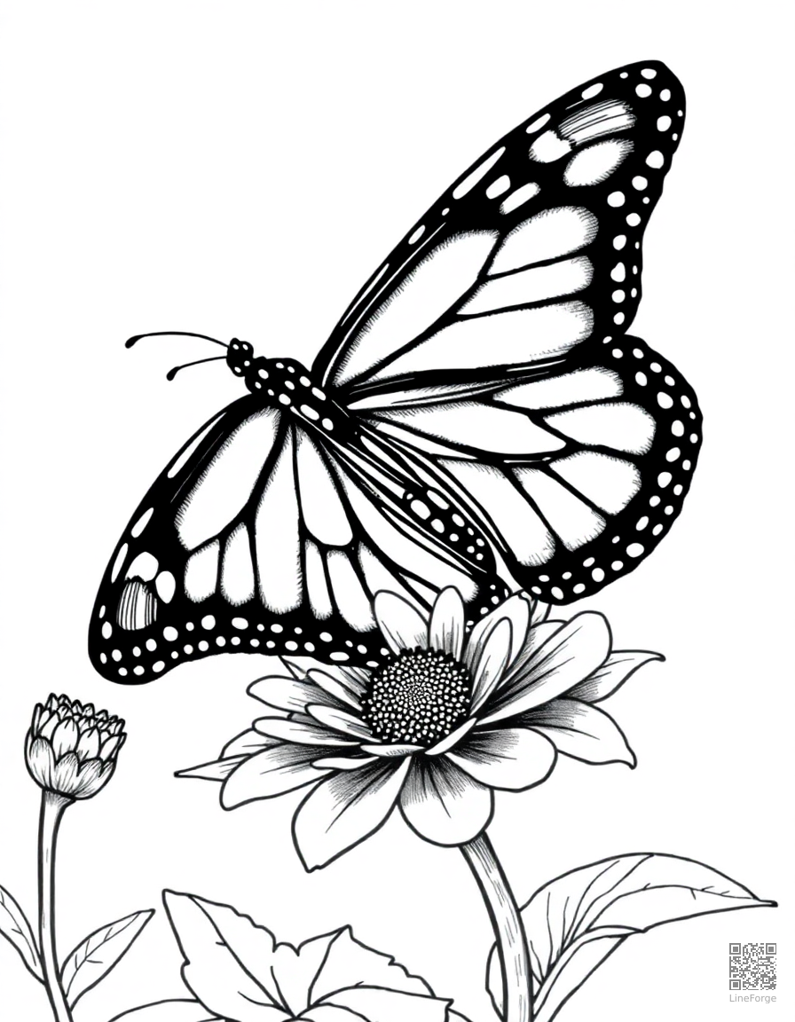 A monarch butterfly with detailed wing patterns on a flower coloring page Crosshatch style - free printable