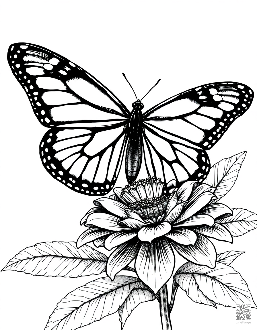 A monarch butterfly with detailed wing patterns on a flower coloring page Crosshatch style - free printable