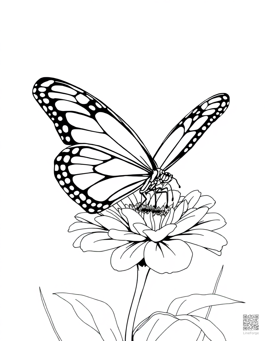 A monarch butterfly with detailed wing patterns on a flower coloring page Manga style - free printable