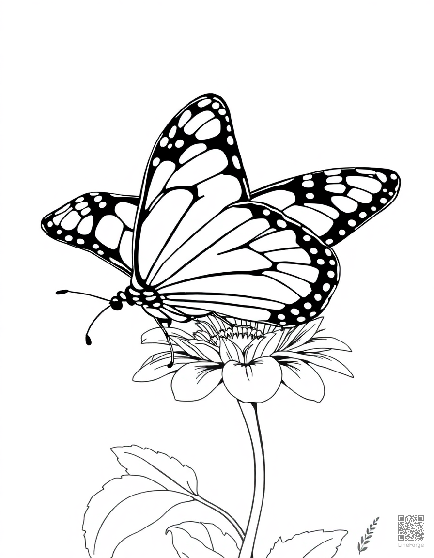 A monarch butterfly with detailed wing patterns on a flower coloring page Manga style - free printable