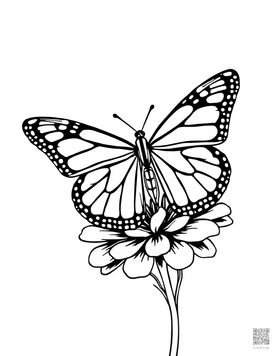 A monarch butterfly with detailed wing patterns on a flower coloring page Minimal style - free printable