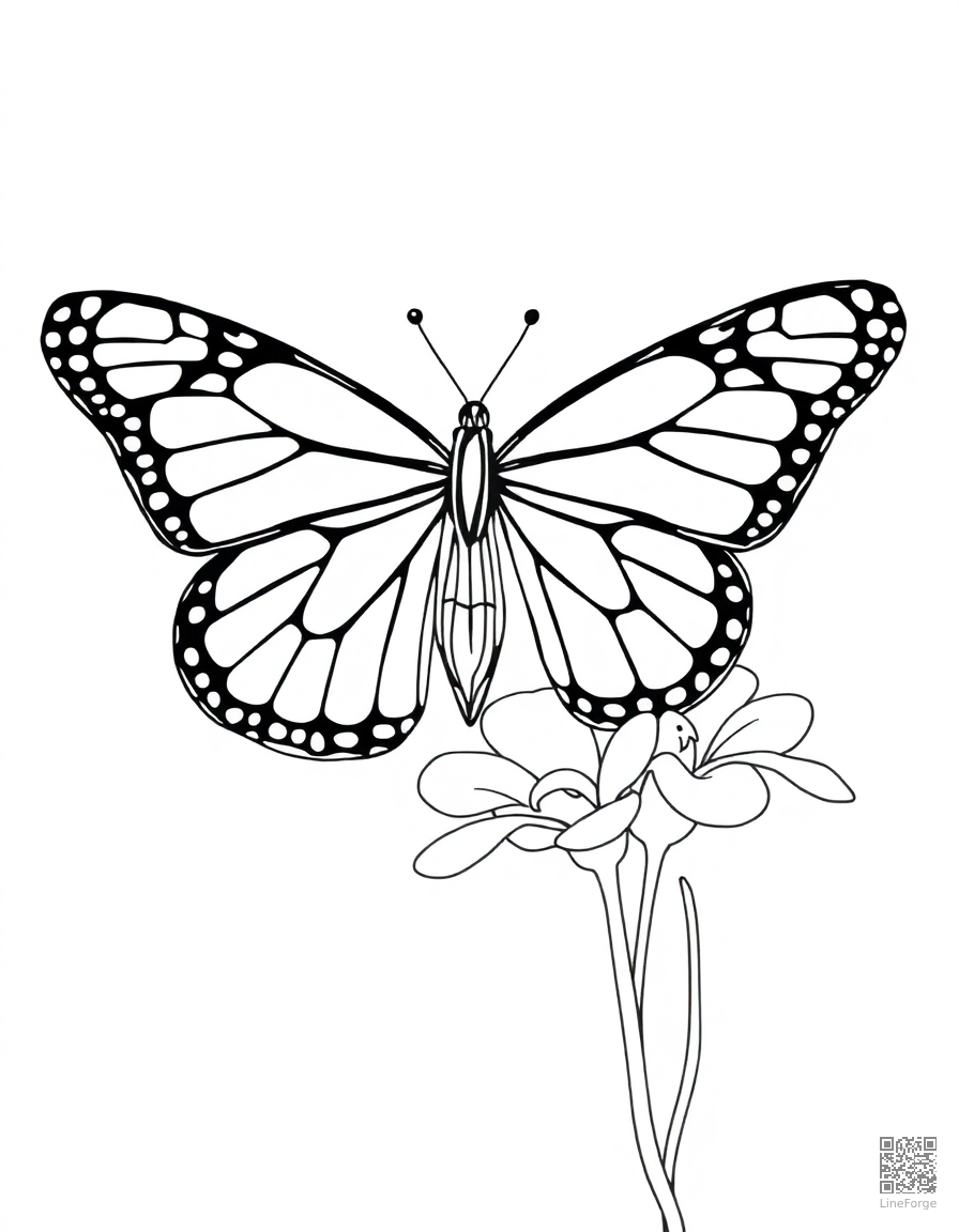 A monarch butterfly with detailed wing patterns on a flower coloring page Minimal style - free printable