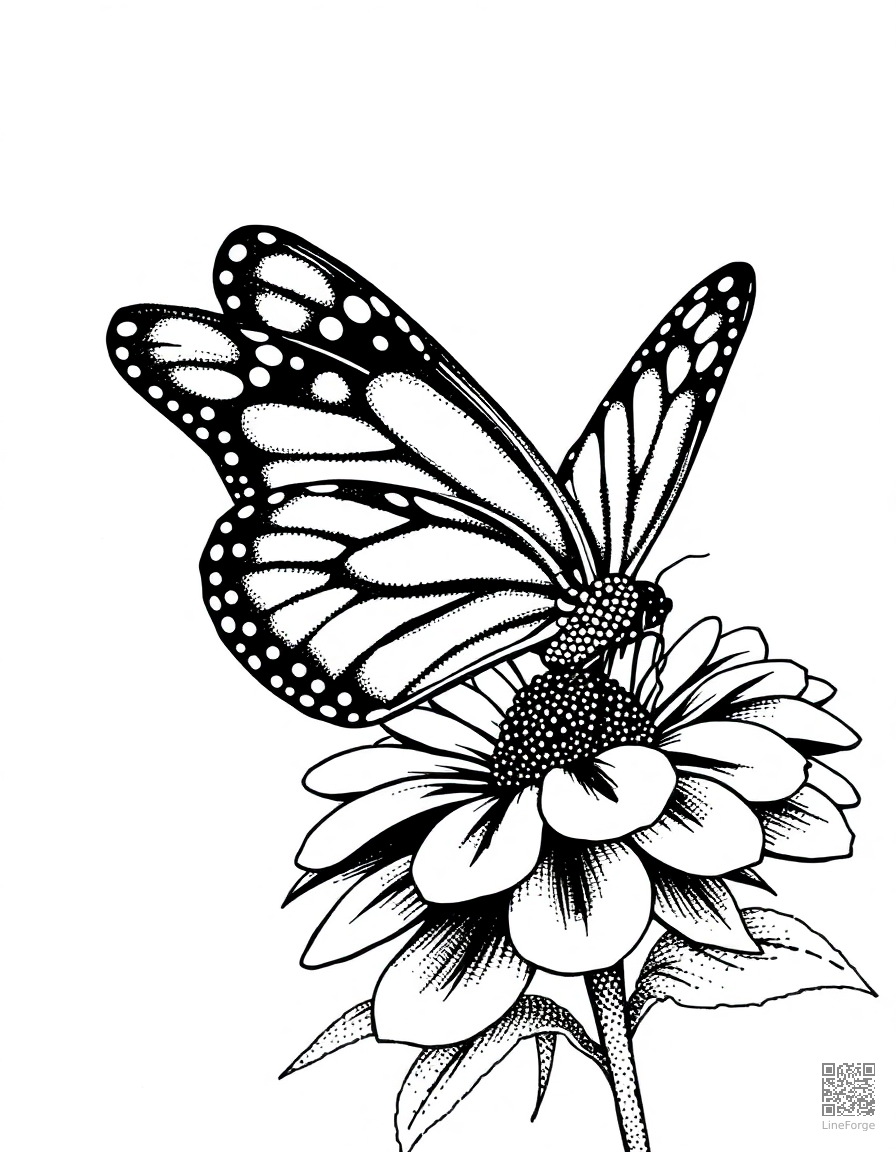 A monarch butterfly with detailed wing patterns on a flower coloring page Stipple style - free printable