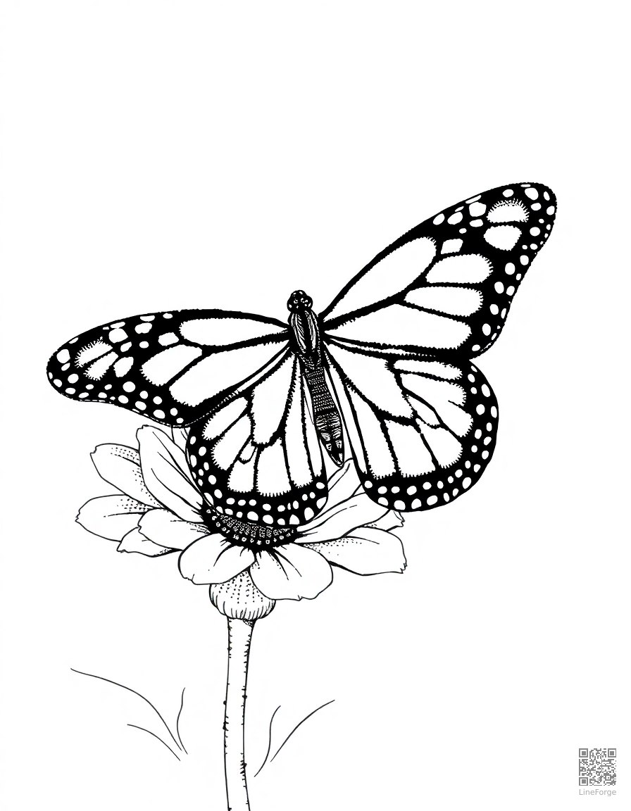 A monarch butterfly with detailed wing patterns on a flower coloring page Stipple style - free printable