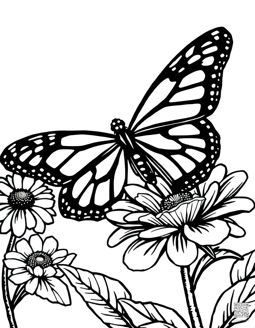 A monarch butterfly with detailed wing patterns on a flower coloring page Woodcut style - free printable