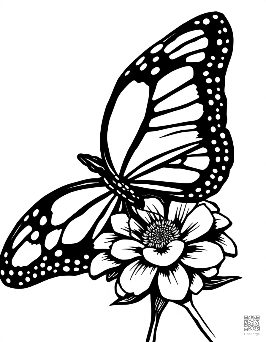 A monarch butterfly with detailed wing patterns on a flower coloring page Woodcut style - free printable