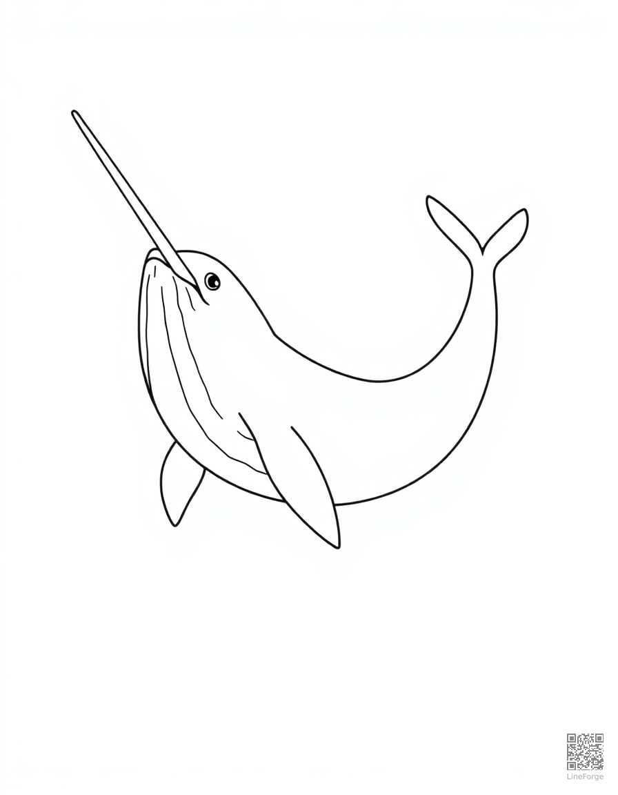 A narwhal with spiral tusk in arctic waters coloring page Contour style free printable