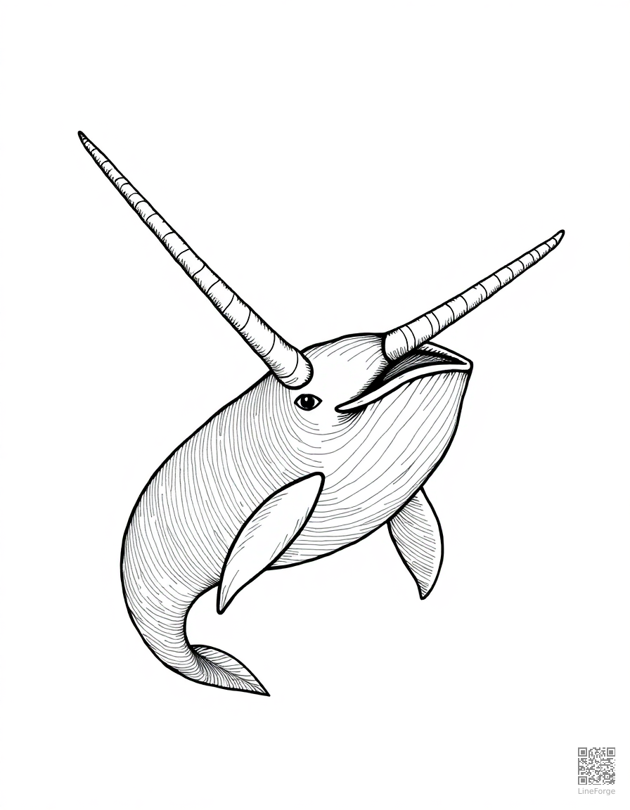 A narwhal with spiral tusk in arctic waters coloring page Crosshatch style free printable