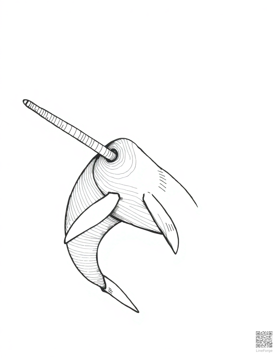 A narwhal with spiral tusk in arctic waters coloring page Crosshatch style free printable