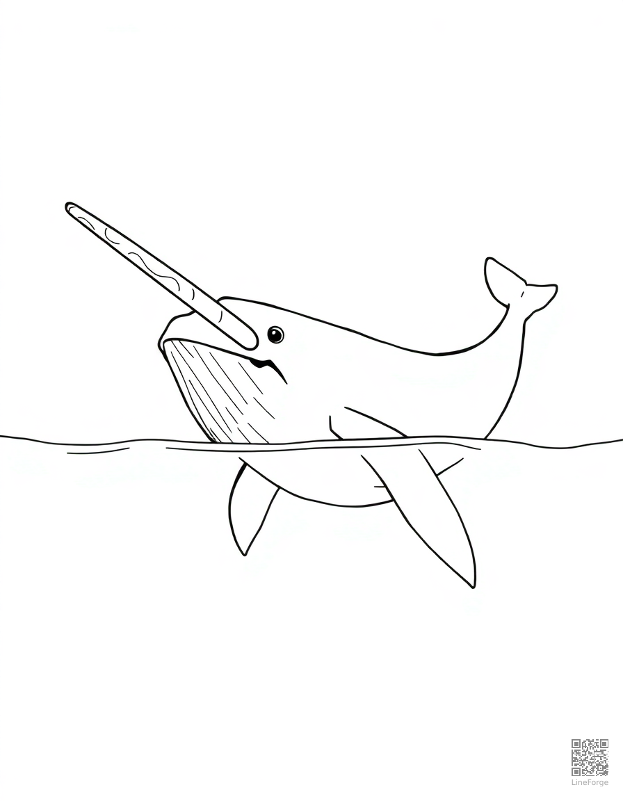 Free a narwhal with spiral tusk in arctic waters coloring page in manga style — printable line art