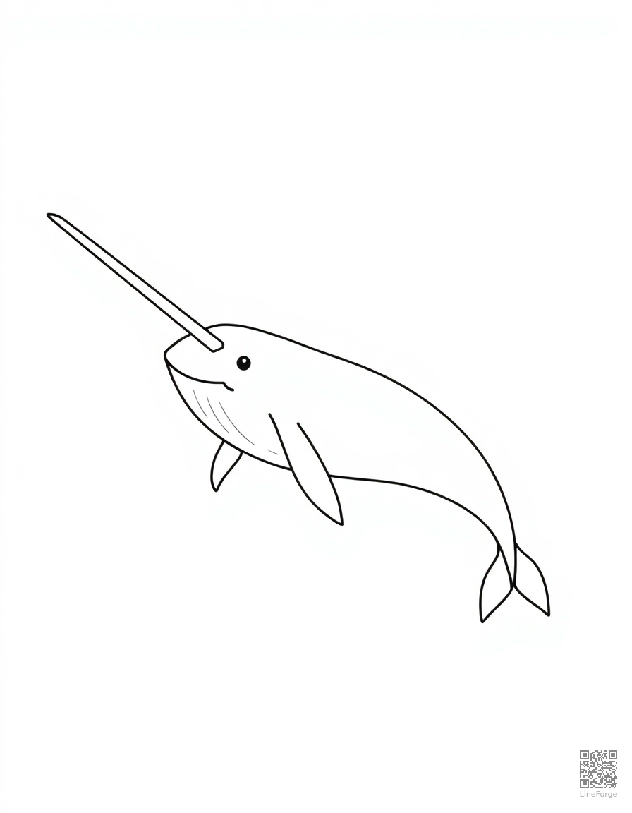 Free a narwhal with spiral tusk in arctic waters coloring page in minimal style — printable line art
