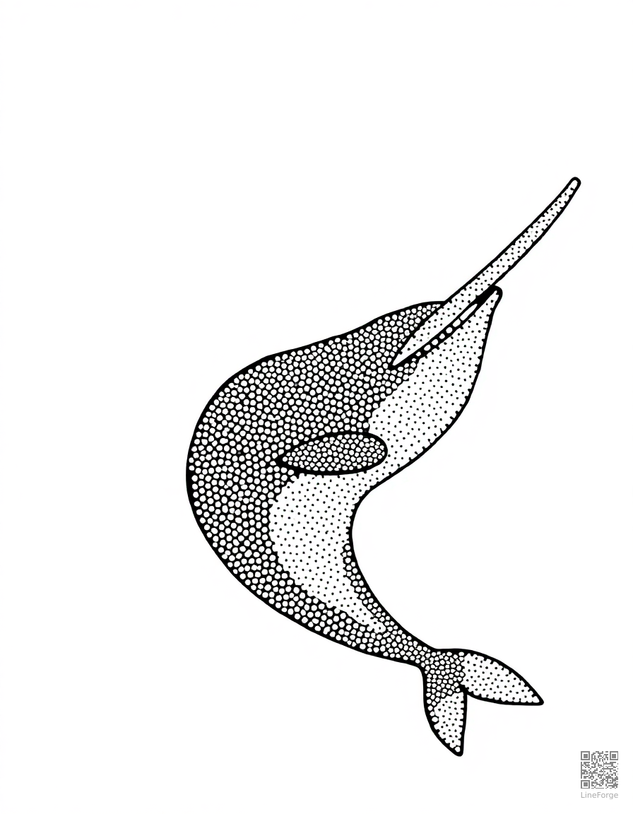 A narwhal with spiral tusk in arctic waters coloring page Stipple style free printable