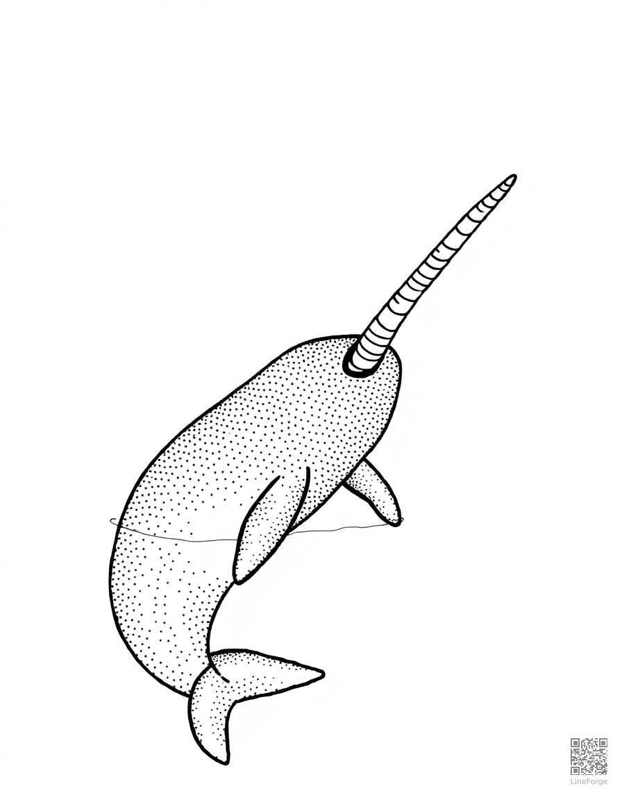 A narwhal with spiral tusk in arctic waters coloring page Stipple style free printable