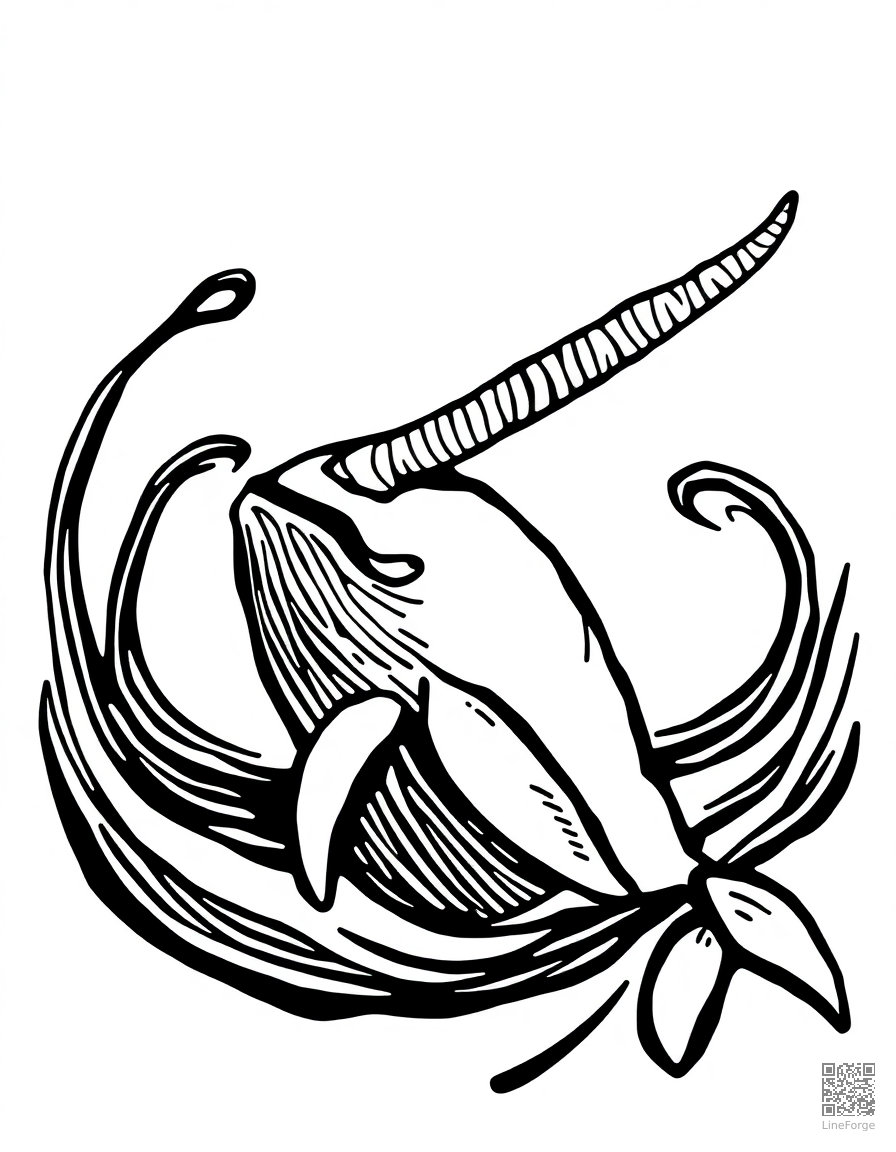 A narwhal with spiral tusk in arctic waters coloring page Woodcut style free printable