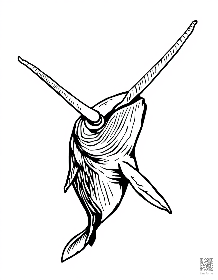 Free a narwhal with spiral tusk in arctic waters coloring page in woodcut style — printable line art