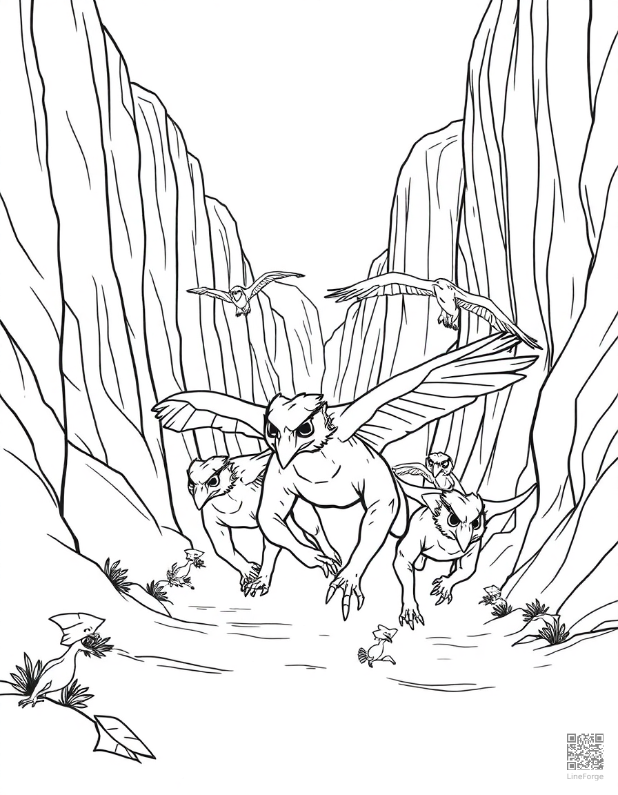 A pack of raptors running through a canyon coloring page Contour style - free printable