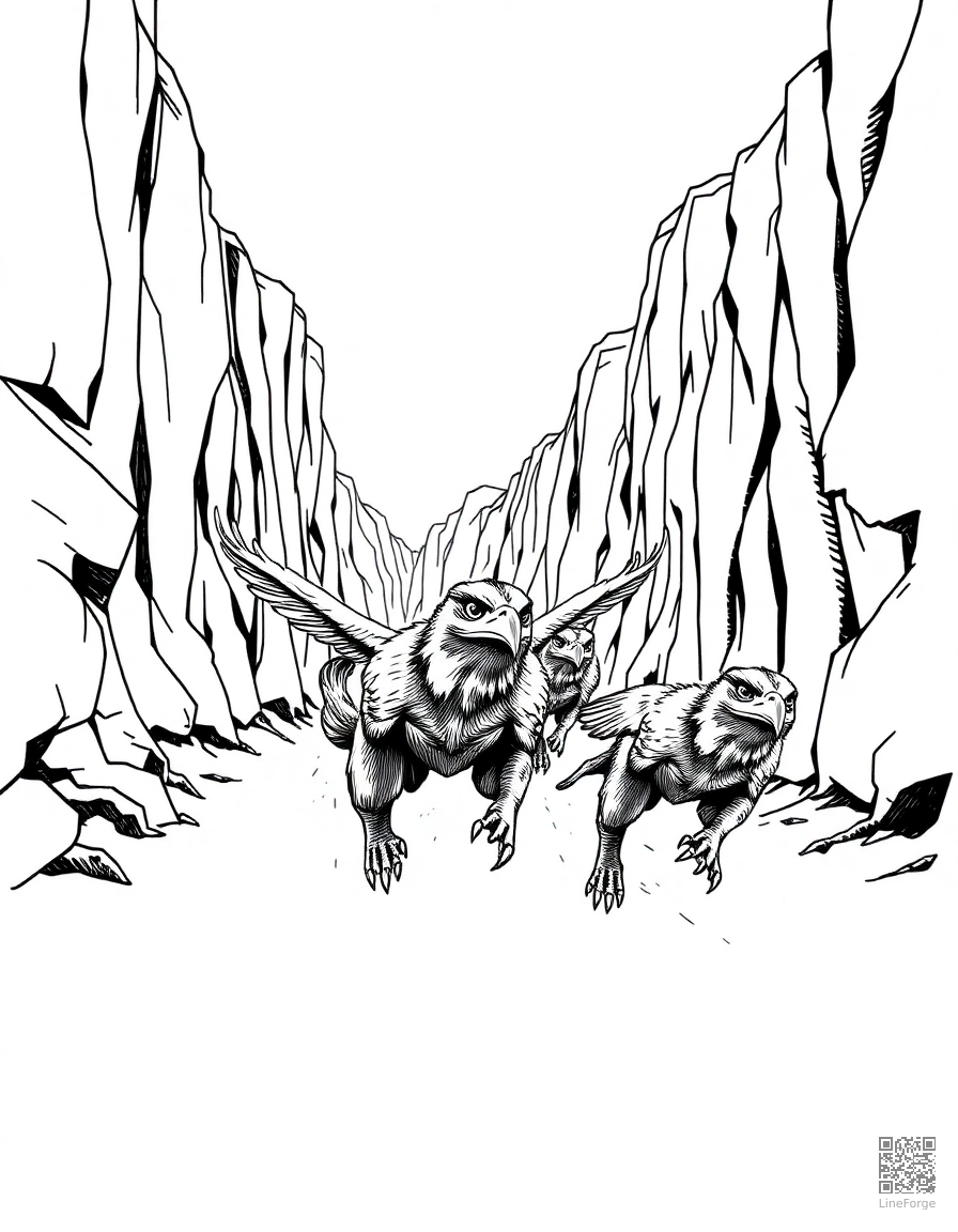A pack of raptors running through a canyon coloring page Crosshatch style free printable