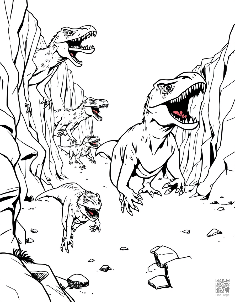 A pack of raptors running through a canyon coloring page Manga style free printable