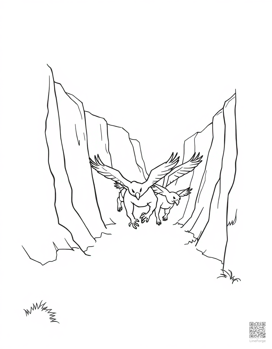 A pack of raptors running through a canyon coloring page Minimal style free printable
