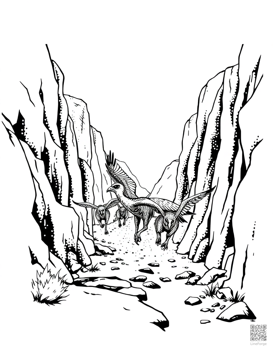 A pack of raptors running through a canyon coloring page Stipple style free printable