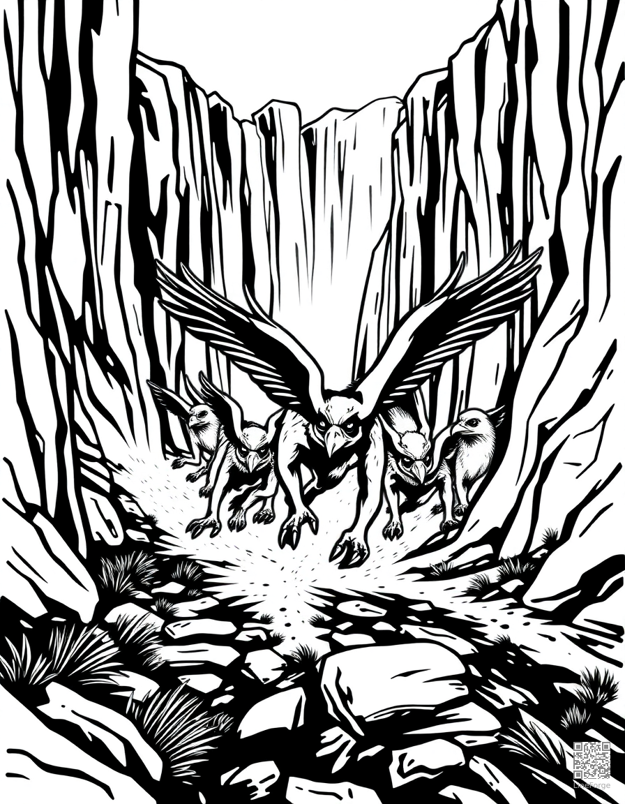 A pack of raptors running through a canyon coloring page Woodcut style free printable