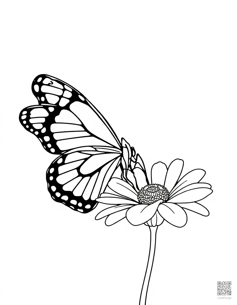 Free a painted lady butterfly landing on a daisy coloring page in contour style — printable line art