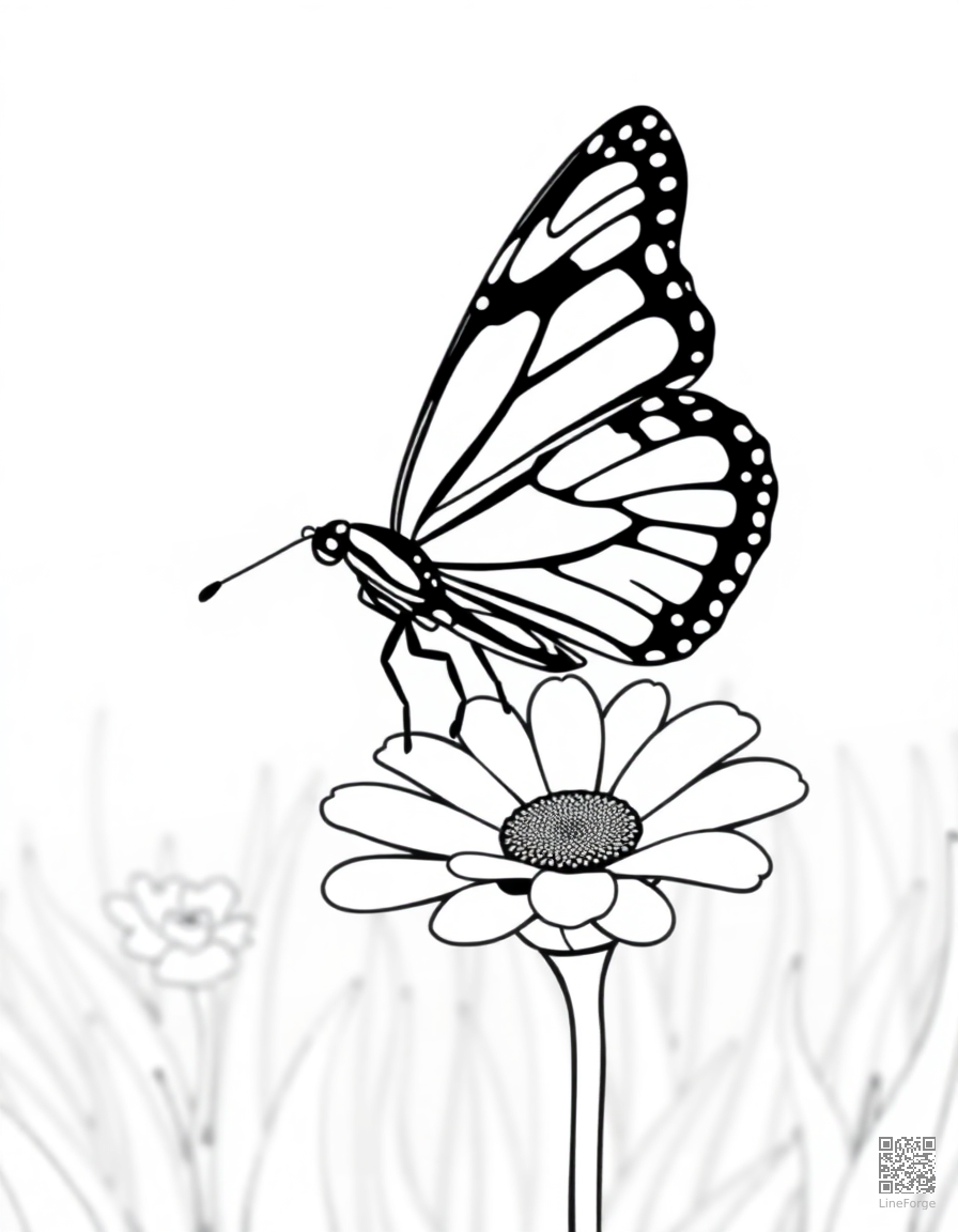 Free a painted lady butterfly landing on a daisy coloring page in contour style — printable line art