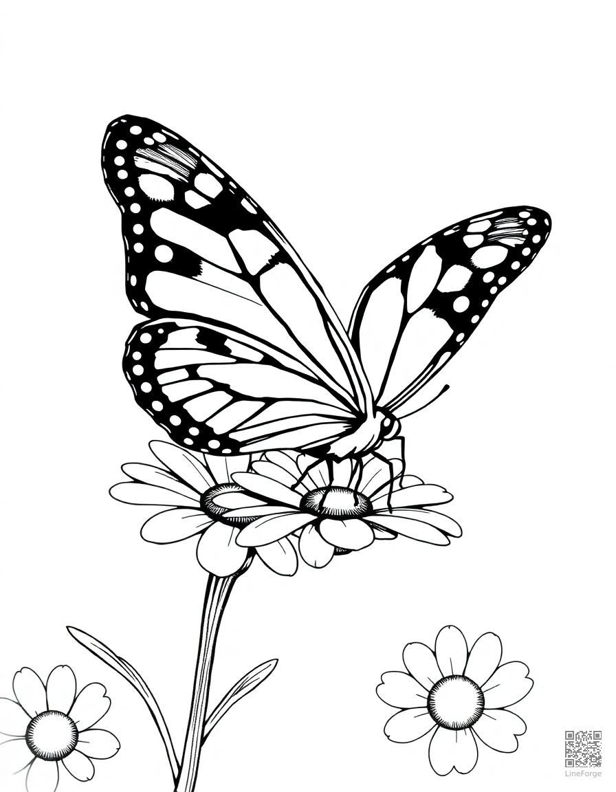 A painted lady butterfly landing on a daisy coloring page Crosshatch style free printable