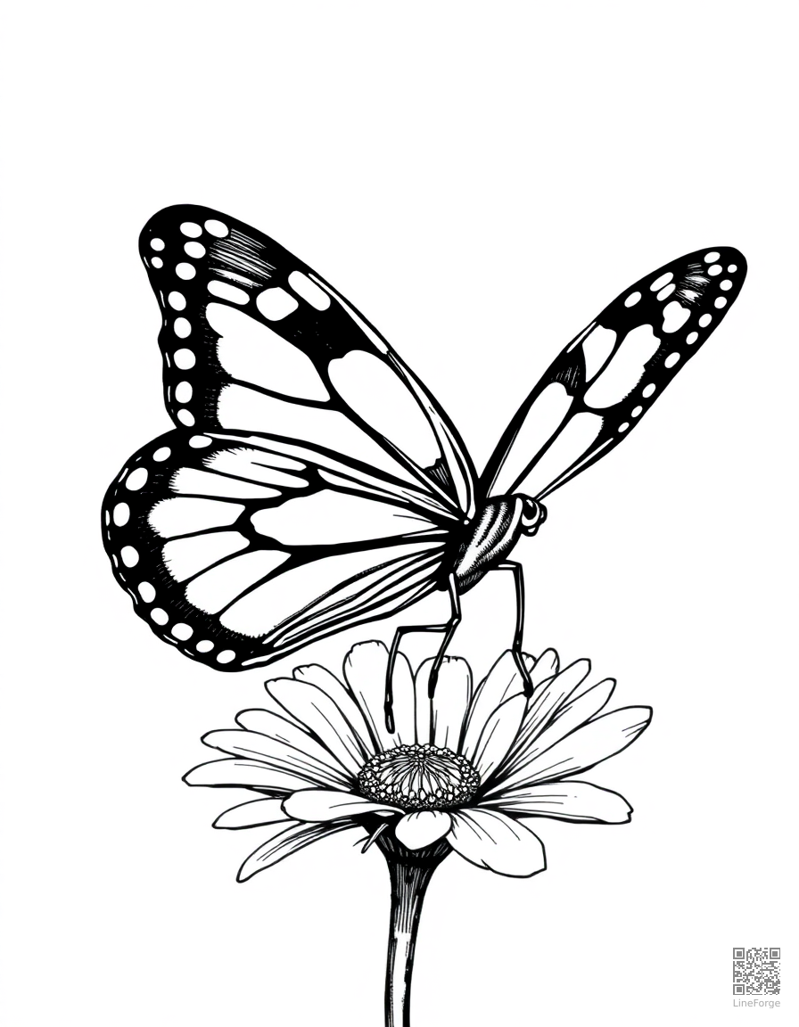 A painted lady butterfly landing on a daisy coloring page Crosshatch style free printable