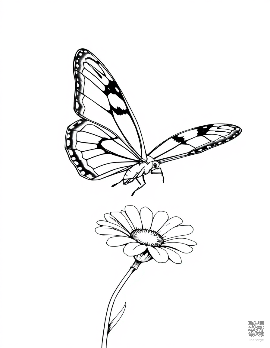 A painted lady butterfly landing on a daisy coloring page Manga style free printable