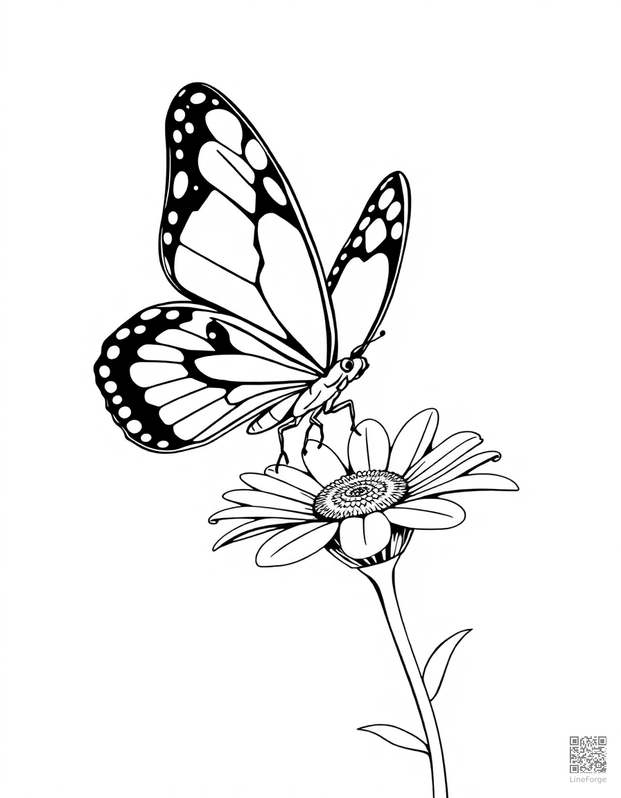 A painted lady butterfly landing on a daisy coloring page Manga style free printable