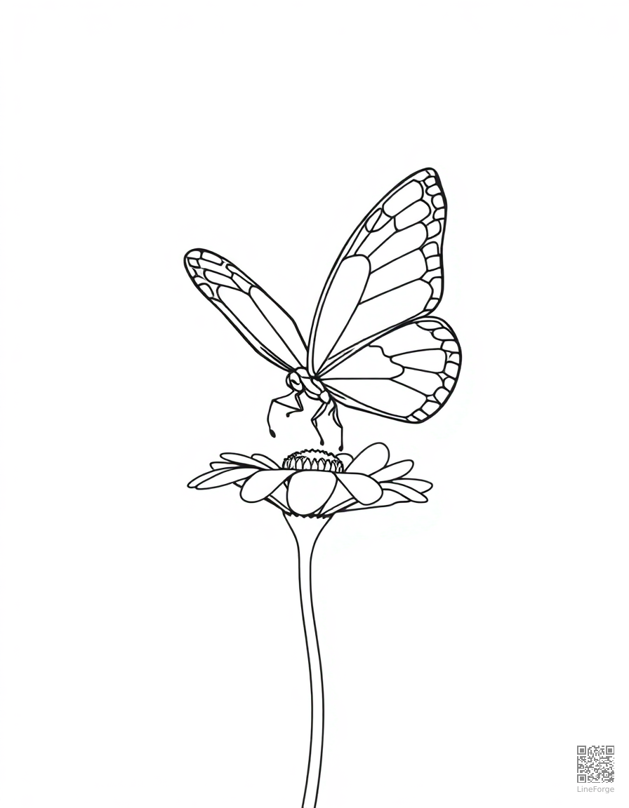 Free a painted lady butterfly landing on a daisy coloring page in minimal style — printable line art