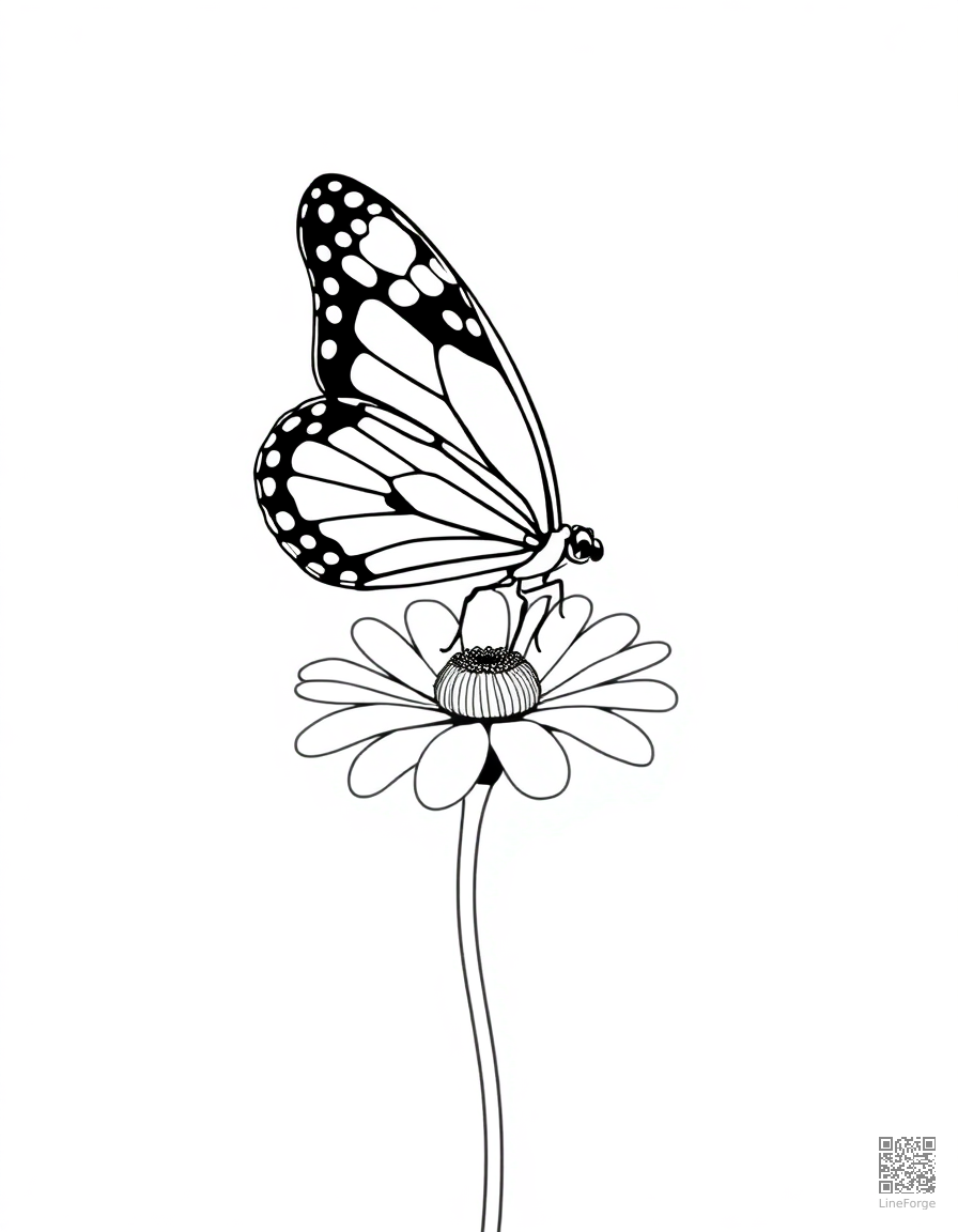 Free a painted lady butterfly landing on a daisy coloring page in minimal style — printable line art