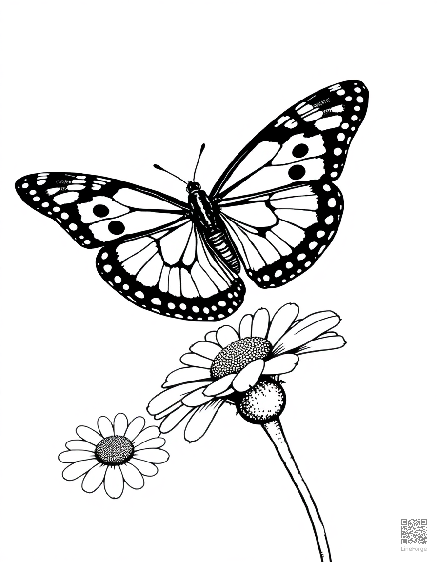 A painted lady butterfly landing on a daisy coloring page Stipple style free printable