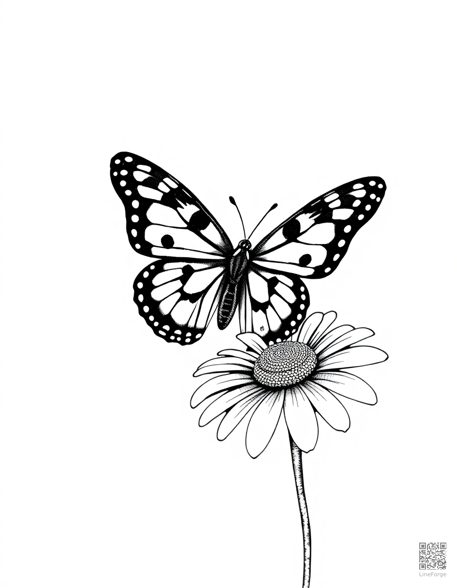 A painted lady butterfly landing on a daisy coloring page Stipple style free printable