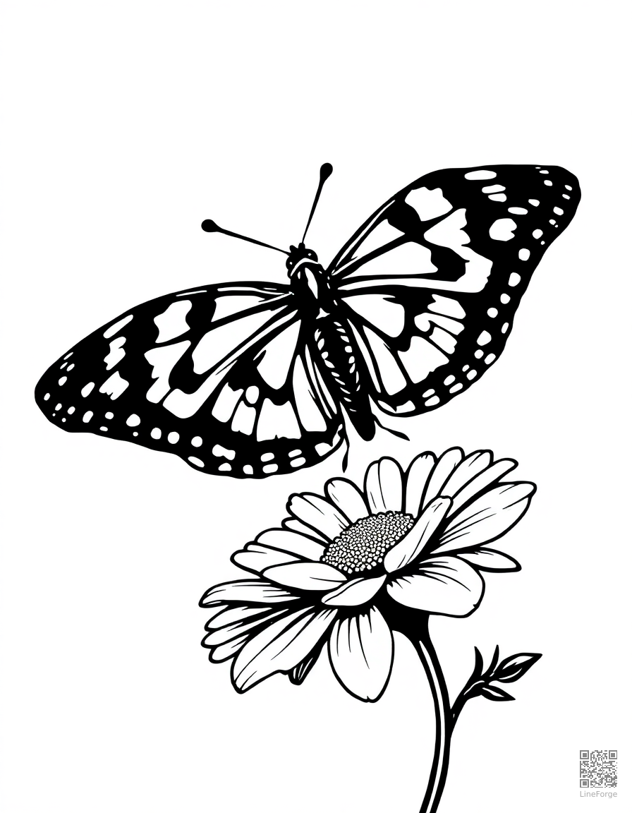 A painted lady butterfly landing on a daisy coloring page Woodcut style free printable