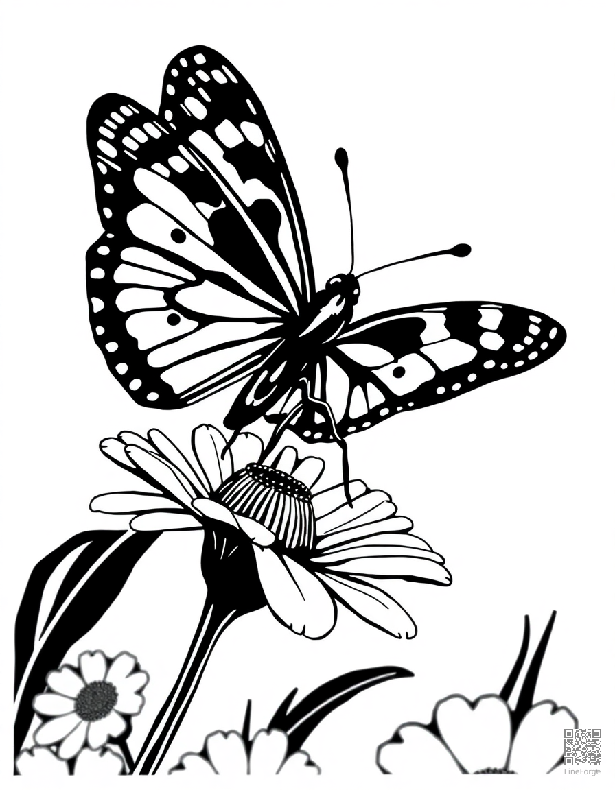 A painted lady butterfly landing on a daisy coloring page Woodcut style free printable