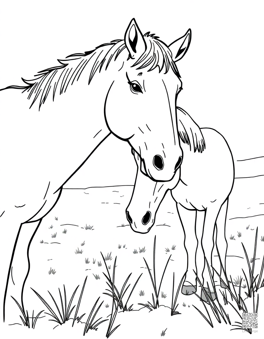A pair of horses nuzzling in a snowy field coloring page Contour style - free printable