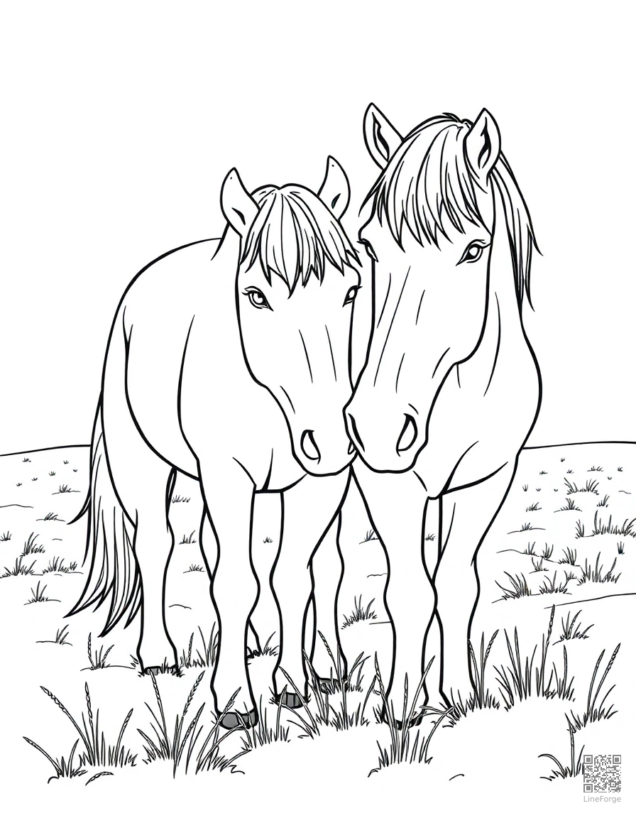 A pair of horses nuzzling in a snowy field coloring page Contour style - free printable