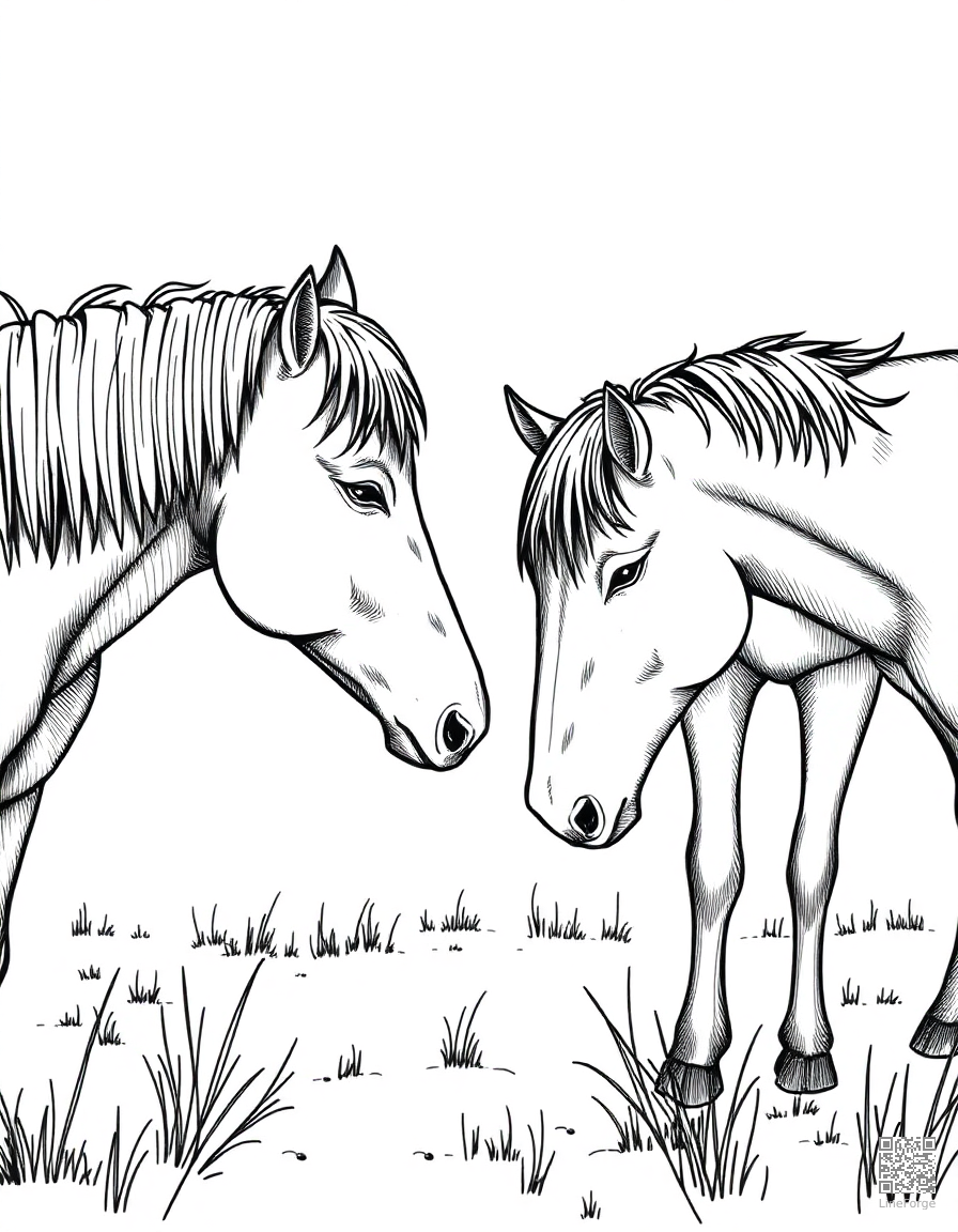 A pair of horses nuzzling in a snowy field coloring page Crosshatch style - free printable