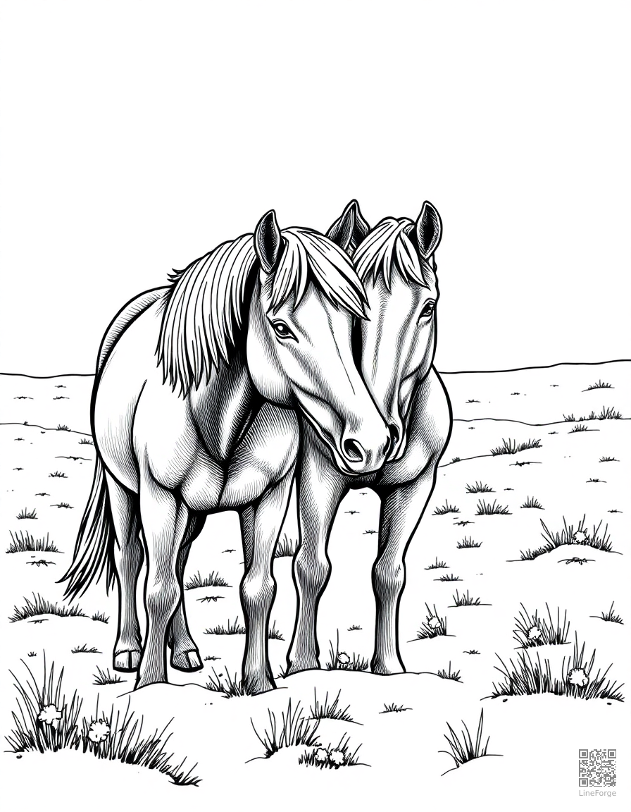 A pair of horses nuzzling in a snowy field coloring page Crosshatch style - free printable