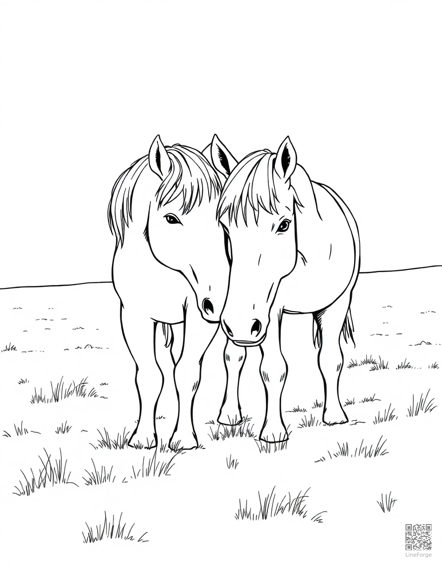 A pair of horses nuzzling in a snowy field coloring page Manga style - free printable