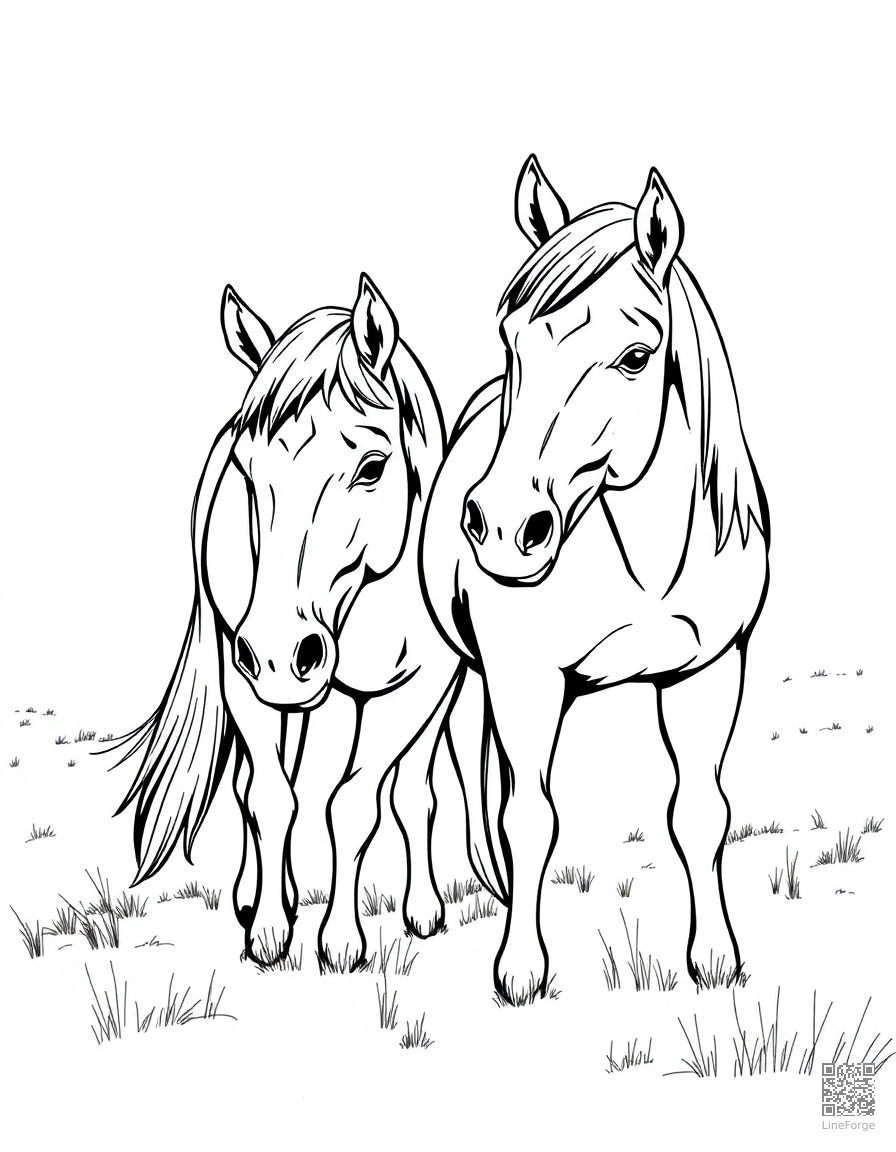 A pair of horses nuzzling in a snowy field coloring page Manga style - free printable